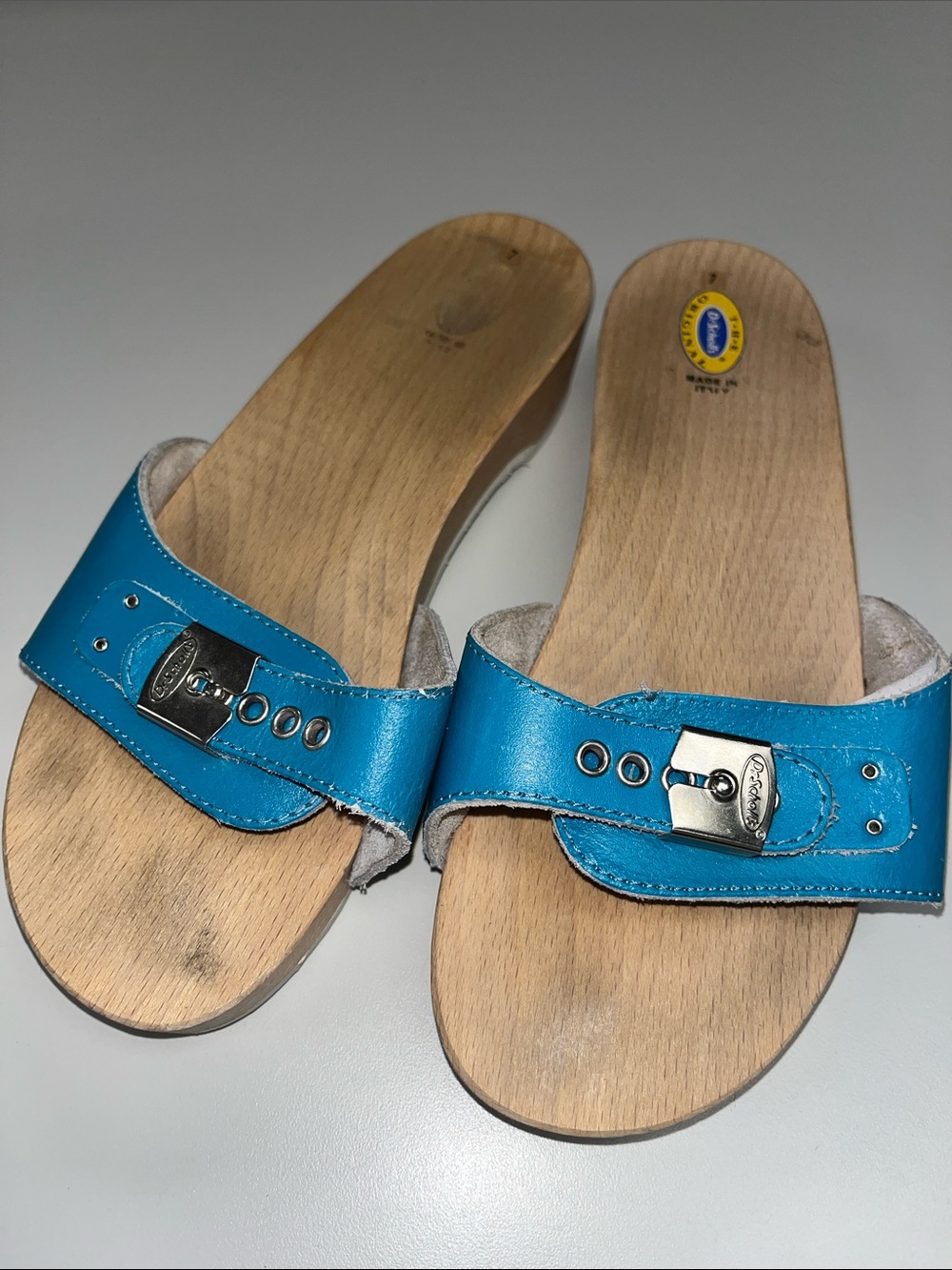 Dr. Scholl's Turquoise Blue Leather Slide Sandals with Buckle